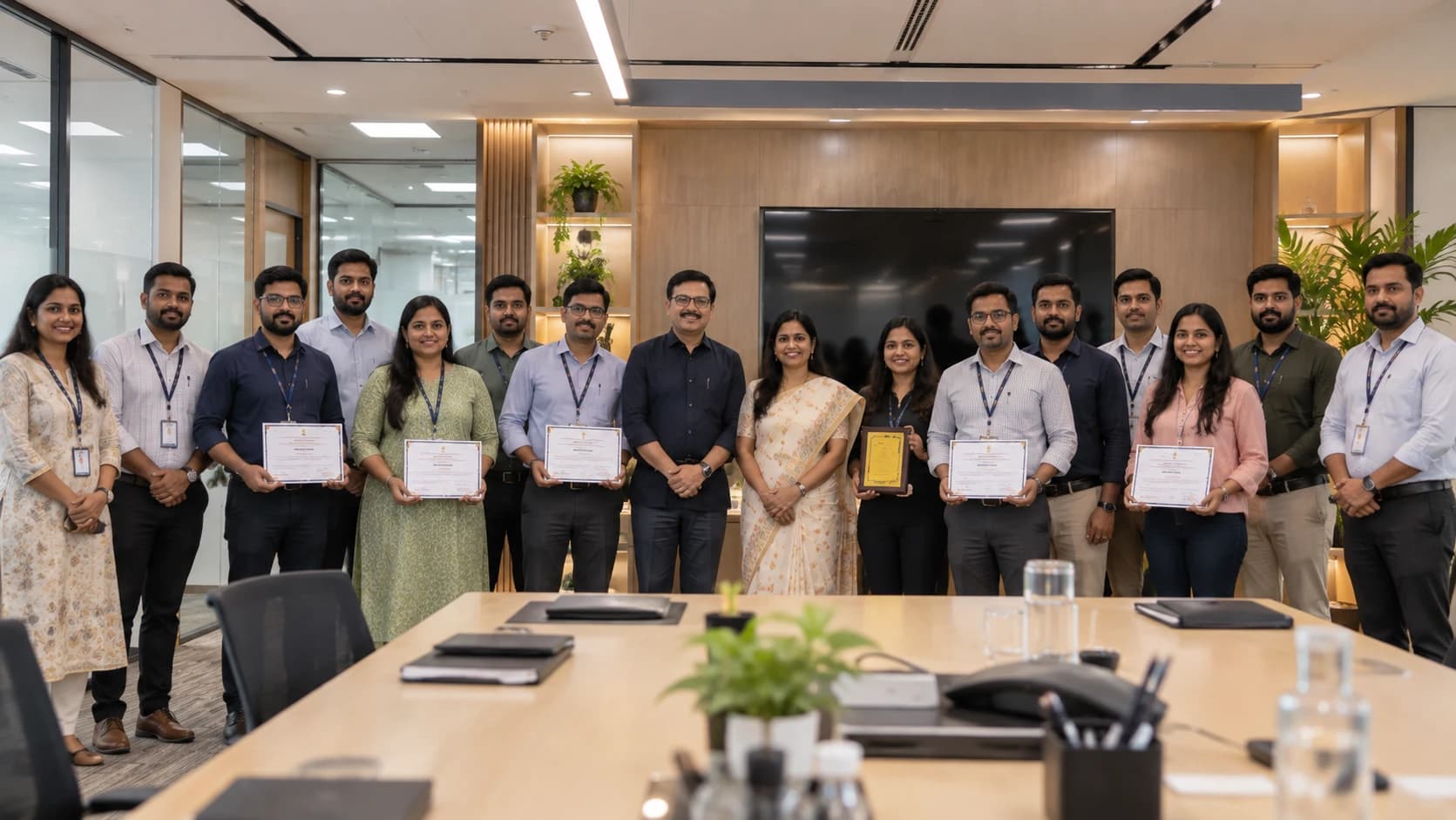 Corporate team holding certificates together in a boardroom