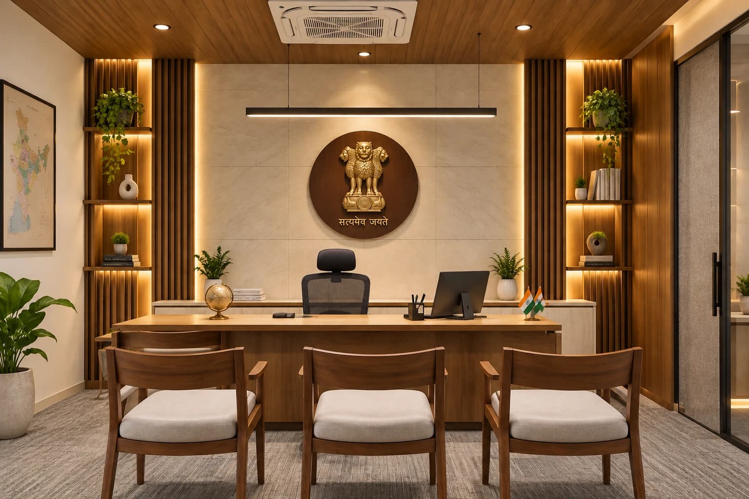 Government office with the State Emblem of India mounted behind the desk