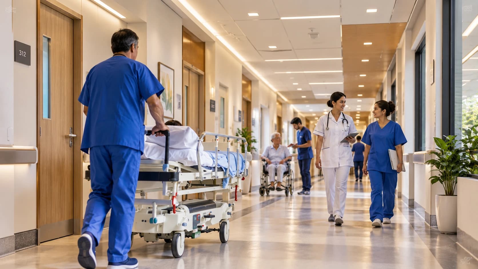 Hospital corridor with clinical staff moving a patient trolley past nurses on rounds